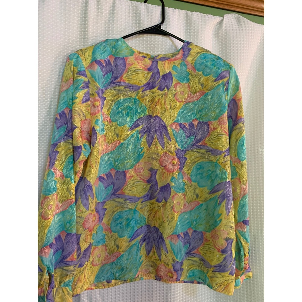Vintage Bedford Fair‎ Floral Long Sleeve Blouse Yellow Purple Teal Textured Top